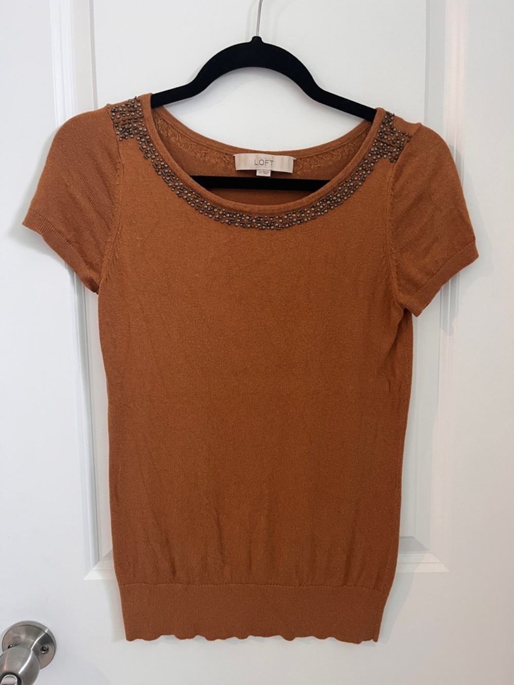 LOFT Rust Beaded Scoop Neck Short Sleeve Top
